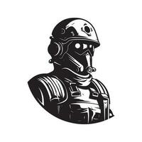 futuriste soldat, ancien logo ligne art concept noir et blanc couleur, main tiré illustration vecteur