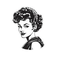 jolie épingle en haut fille, ancien logo ligne art concept noir et blanc couleur, main tiré illustration vecteur