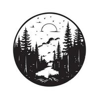 forêt, ancien logo ligne art concept noir et blanc couleur, main tiré illustration vecteur