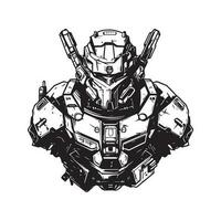 scifi mech guerrier, ancien logo ligne art concept noir et blanc couleur, main tiré illustration vecteur