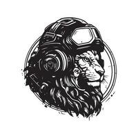 futuriste Lion soldat, ancien logo ligne art concept noir et blanc couleur, main tiré illustration vecteur