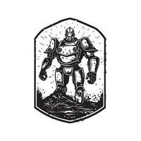 robot attaque, ancien logo ligne art concept noir et blanc couleur, main tiré illustration vecteur