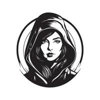 futuriste femme dans encapuchonné, ancien logo ligne art concept noir et blanc couleur, main tiré illustration vecteur