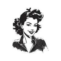 jolie épingle en haut fille, ancien logo ligne art concept noir et blanc couleur, main tiré illustration vecteur