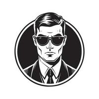 homme dans cyber lunettes, ancien logo ligne art concept noir et blanc couleur, main tiré illustration vecteur