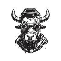 futuriste vache soldat, ancien logo ligne art concept noir et blanc couleur, main tiré illustration vecteur