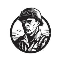 soldat personnage, ancien logo ligne art concept noir et blanc couleur, main tiré illustration vecteur