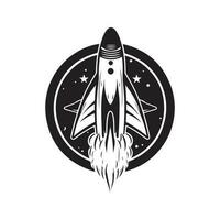 fusée en volant en haut, ancien logo ligne art concept noir et blanc couleur, main tiré illustration vecteur