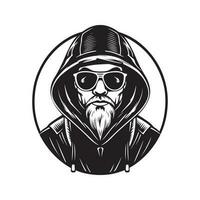 homme dans capuche et cyber lunettes, ancien logo ligne art concept noir et blanc couleur, main tiré illustration vecteur