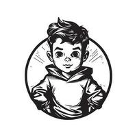 enfant super-héros, ancien logo ligne art concept noir et blanc couleur, main tiré illustration vecteur