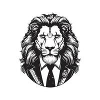 Lion portant costume, ancien logo ligne art concept noir et blanc couleur, main tiré illustration vecteur