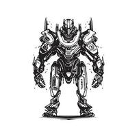 scifi mech guerrier, ancien logo ligne art concept noir et blanc couleur, main tiré illustration vecteur