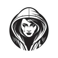 futuriste femme dans encapuchonné, ancien logo ligne art concept noir et blanc couleur, main tiré illustration vecteur