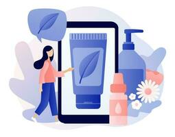 biologique produits de beauté concept. Naturel biologique cosmétique des produits dans bouteilles, bocaux, tubes pour soin de la peau et cheveux se soucier sur téléphone intelligent filtrer. moderne plat dessin animé style. vecteur illustration sur blanc Contexte