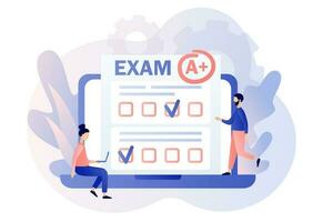 en ligne examen. minuscule élèves avec tester examen résultat sur portable. éducation, en étudiant, numérique apprentissage en ligne, degré, diplômé concept. moderne plat dessin animé style. vecteur illustration sur blanc Contexte