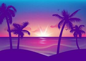 tropical plage vecteur panorama avec paume des arbres. vecteur illustration de une tropical plage scène avec paume des arbres silhouettes contre un Orange et violet pente ciel Contexte le coucher du soleil