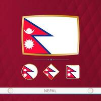 ensemble de Népal drapeaux avec or Cadre pour utilisation à sportif événements sur une Bourgogne abstrait Contexte. vecteur