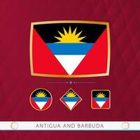ensemble de antigua et Barbuda drapeaux avec or Cadre pour utilisation à sportif événements sur une Bourgogne abstrait Contexte. vecteur