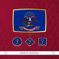 ensemble de Nord Dakota drapeaux avec or Cadre pour utilisation à sportif événements sur une Bourgogne abstrait Contexte. vecteur