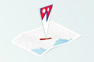 isométrique papier carte de Népal avec triangulaire drapeau de Népal dans isométrique style. carte sur topographique Contexte. vecteur