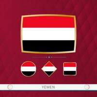 ensemble de Yémen drapeaux avec or Cadre pour utilisation à sportif événements sur une Bourgogne abstrait Contexte. vecteur