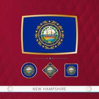 ensemble de Nouveau Hampshire drapeaux avec or Cadre pour utilisation à sportif événements sur une Bourgogne abstrait Contexte. vecteur