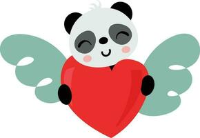 mignonne Panda en portant une rouge cœur avec ailes vecteur