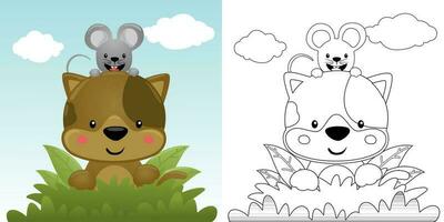vecteur illustration de dessin animé chat avec Souris dans des buissons. coloration livre ou page pour des gamins