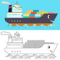 vecteur illustration de dessin animé marrant cargaison navire avec conteneurs. coloration livre ou page pour des gamins