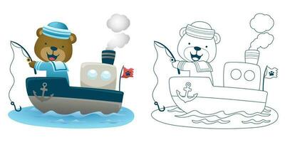 vecteur illustration de dessin animé ours dans marin costume pêche sur bateau. coloration livre ou page