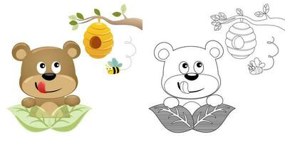 dessin animé mignonne ours cache dans feuille avec abeille et ruche pendre sur arbre branches. coloration livre ou page vecteur