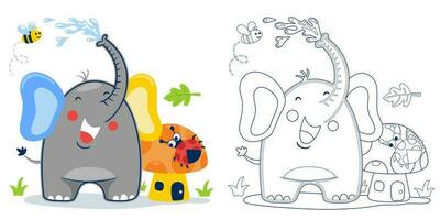 vecteur illustration de dessin animé l'éléphant avec insectes et champignon. coloration livre ou page pour des gamins