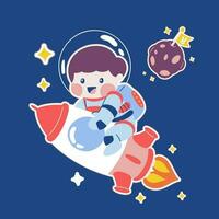 mignonne astronaute garçon autocollant vecteur illustration avec étoile, cosmonaute homme équitation fusée, univers explorateur mascotte, explorant voyage, flottant dans scaphandre astronaute costume, marrant autocollant