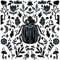 abstrait noir et avec Contexte avec scarabée et les plantes. modifiable main tiré vecteur illustration. parfait des photos pour tissu, textile, vêtements, emballage papier, fond d'écran