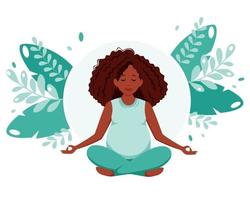 Femme afro-américaine enceinte méditant en lotus pose concept de santé grossesse vecteur