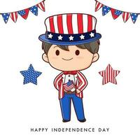 américain garçon portrait célébrer 4e de juillet indépendance journée avec costume, portant oncle sam chapeau, main dessin style vecteur