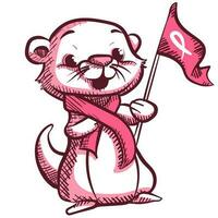 numérique art de une mignonne dessin animé loutre avec une attacher et une rose drapeau avec le Sein cancer ruban. adorable animal pour une médical cause vecteur