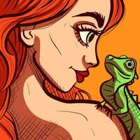 fermer illustration de une roux femme en portant une lézard sur sa épaule. numérique art de une fille et sa animal de compagnie iguane, dessin animé vecteur