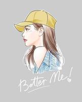 Better me slogan avec fille en illustration de casquette jaune vecteur