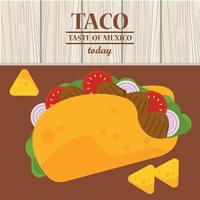 Affiche mexicaine de célébration de la journée taco avec nachos en fond de bois vecteur