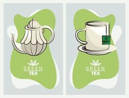 affiche de lettrage de thé vert avec théière et tasse vecteur
