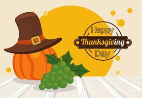 affiche de joyeux jour de Thanksgiving avec citrouille en utilisant un chapeau de pèlerin et des raisins vecteur
