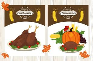 affiche de bonne fête de Thanksgiving avec de la nourriture et des fruits de dinde vecteur