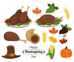 lettrage joyeux jour de Thanksgiving avec de la nourriture et des accessoires vecteur