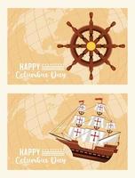 joyeuse fête de columbus day avec gouvernail de bateau et caravelle vecteur