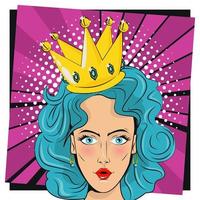 belle femme aux cheveux bleus et style pop art couronne reine vecteur