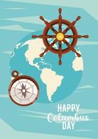 joyeuse fête de columbus day avec gouvernail de bateau et planète terre vecteur