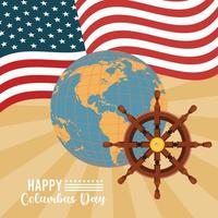 joyeuse fête de columbus day avec gouvernail de bateau et drapeau usa vecteur