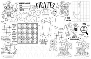 vecteur pirate napperon pour enfants. Trésor chasser imprimable activité tapis avec Labyrinthe, tic tac doigt de pied graphiques, relier le des points, trouver différence. mer aventure noir et blanc jouer tapis ou coloration page