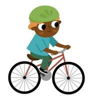 garçon équitation une bicyclette dans casque icône. mignonne éco amical enfant. enfant en utilisant alternative transport. Terre journée ou en bonne santé mode de vie concept vecteur
